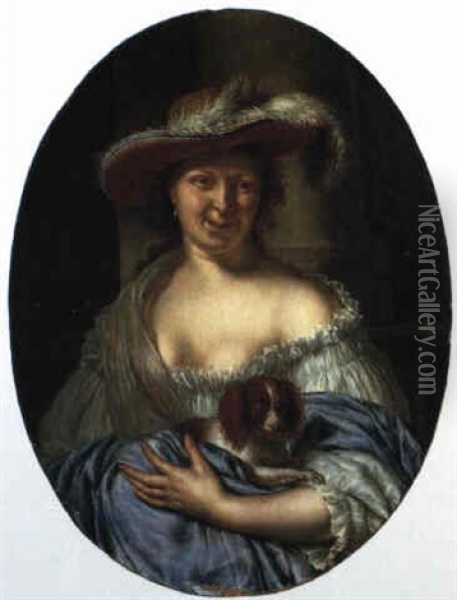 The Personification Of Lust: Woman Wearing A Plumed Hat Holding A Dog Oil Painting - Willem van Mieris