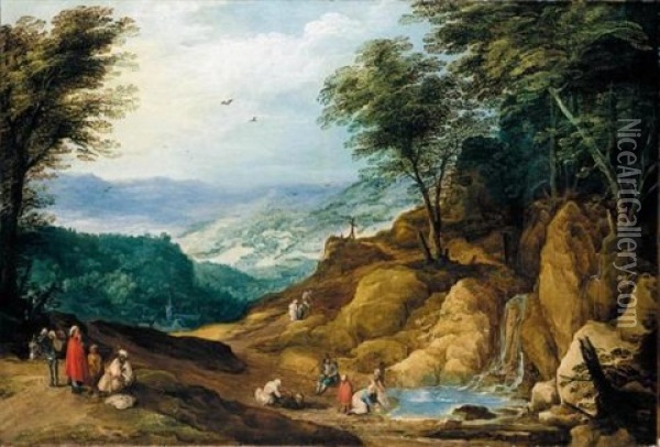 An Extensive Mountainous Landscape With Washerwomen And Other Figures Resting By A Waterfall Oil Painting - Joos de Momper the Younger