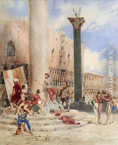 Au Pied De La Colonne Saint-marc A Venise Oil Painting - Carl Friedrich H. Werner