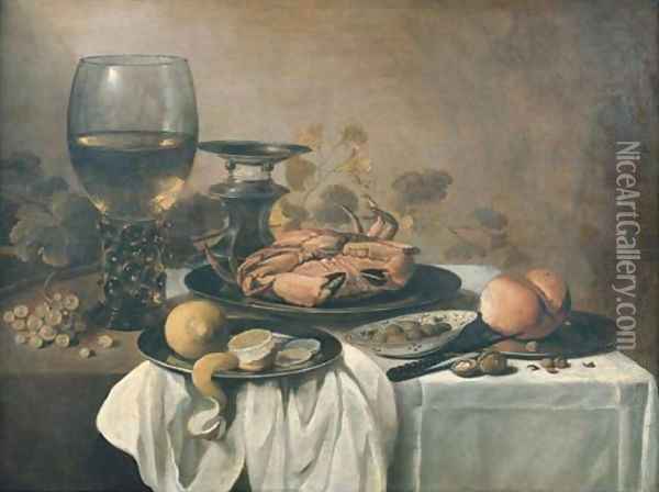 A crab on a pewter plate, a roemer, a partly-peeled lemon on a pewter platter, a bowl of olives, a bread roll and a knife on a pewter plate with grape Oil Painting - Pieter Claesz.