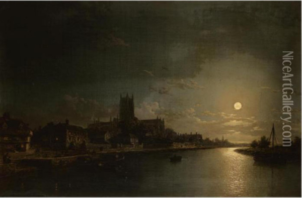Moonlight On The River Severn With Worcester Cathedral Oil Painting - Henry Pether