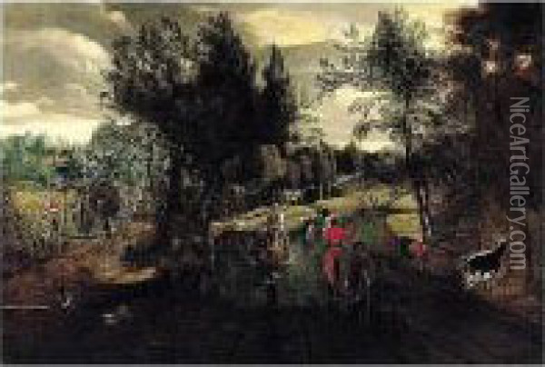 A Summer Landscape With Wagoners
 And Drovers Crossing A Ford, Harvesters In A Field Nearby Oil Painting - Jan Siberechts