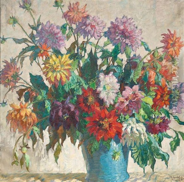 Blumenstillleben Mit Dahlien Oil Painting - Konstantin Ivanovich Gorbatov