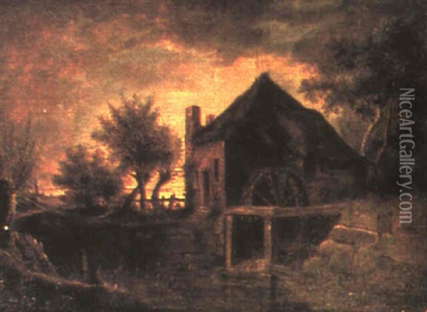 Landscape With A Watermill And Two Fishermen Oil Painting - Isaac Ouwater
