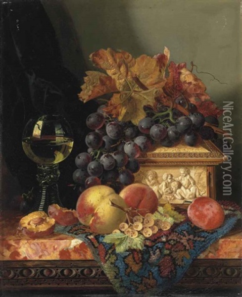 Still Life With Grapes, Peaches, Plums, Whitecurrants, An Ivory Casket And A Roemer, On A Persian Carpet On A Marble Ledge Oil Painting - Edward Ladell