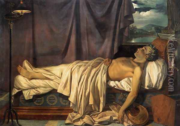 Lord Byron on his Death-bed c. 1826 Oil Painting - Joseph-Denis Odevaere