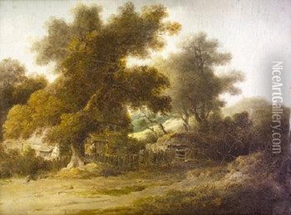 Figure And Cottages In Landscape Oil Painting - James Arthur O'Connor