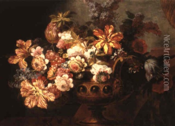 A Still Life Of Flowers In A Gilt Vase On A Basulstrade Oil Painting - Jean-Baptiste Monnoyer