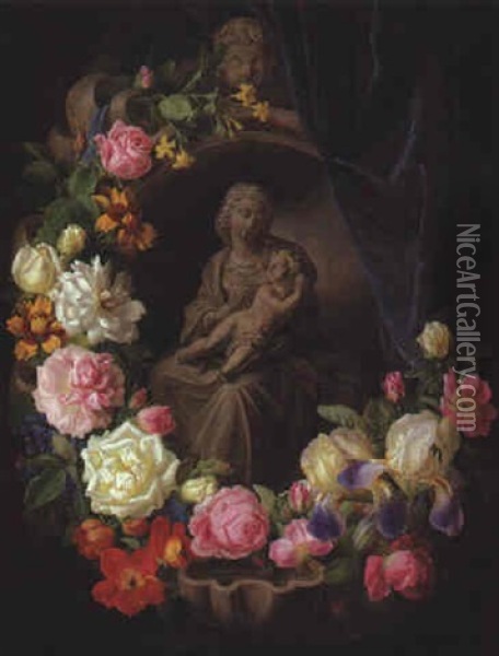 Muttergottes In Von Blumen Umrankter Steinnische Oil Painting - Josef Lauer