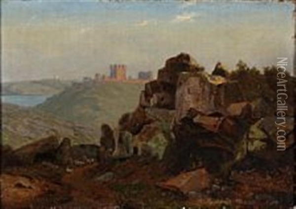 Scenery From The Ruined Castle Hammershus, Bornholm, Denmark Oil Painting - Anton Edvard Kjeldrup