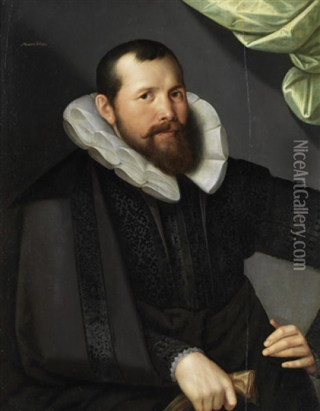 Portrait Of A Gentleman, Half-length, In Black Costume, Before A Green Curtain Oil Painting - Gortzius Geldorp