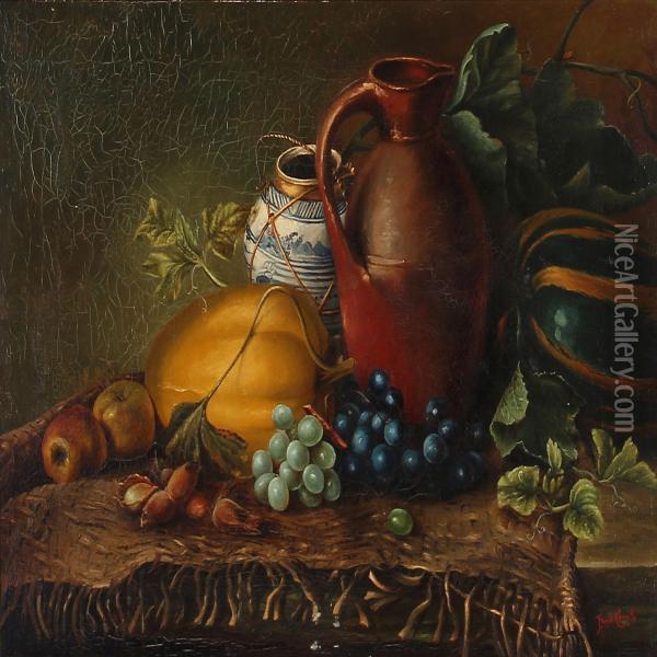 Still Life With Pumpkins, Fruit And Jug On A Table Oil Painting - Lucie Cerrito