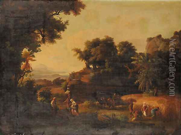 An Italianate river Landscape at Sunset with Ruth meeting Boaz Oil Painting - French School