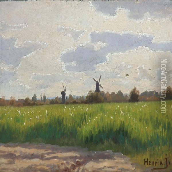 Landscape With Mills In The Horizon Oil Painting - Henrik Gamst Jespersen
