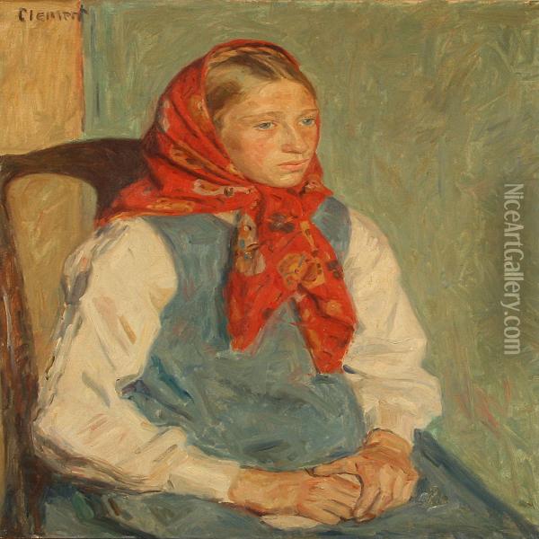 A Girl With Red Head Scarf Oil Painting - Gad Frederik Clement