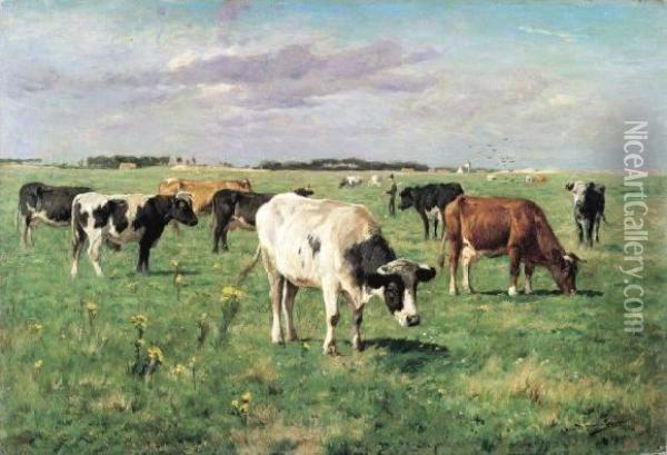 Koeien In De Polders (1884) Oil Painting - Emile Van Damme-Sylva