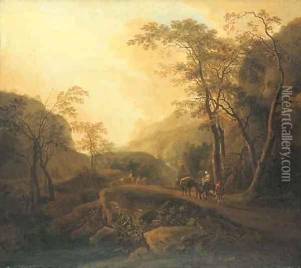 An Italianate landscape with travellers on a wooded mountain path Oil Painting - Isaac de Moucheron