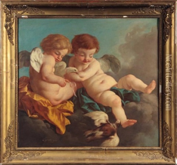Deux Amours Aux Colombes Sur Des Nuees Oil Painting - Jean Jacques Lagrenee the Younger