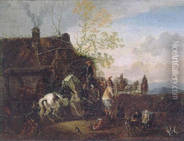 A Gentleman Rider Stopping To Have His Horse Reshoed At A Blacksmiths, An Italianate Landscape Beyond Oil Painting - Claude Michel Hamon Duplessis