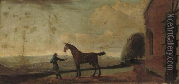 A Groom With A Bay Racehorse, By A Stable, A Landscape Beyond Oil Painting - James Seymour