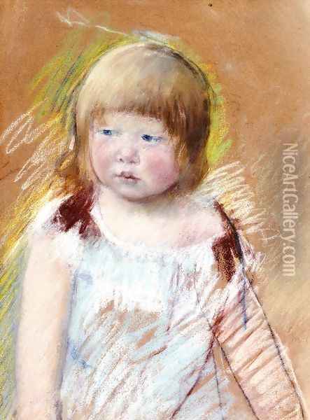 Child With Bangs In A Blue Dress Oil Painting - Mary Cassatt