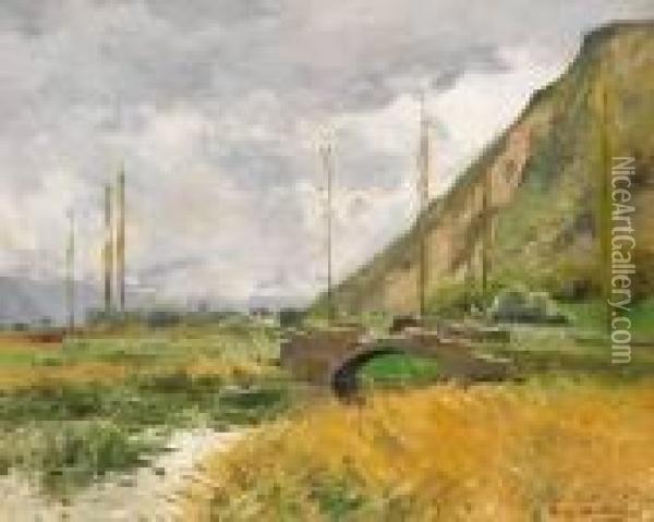 Fruhlingslandschaft Mit Flusslauf,steinerner Brucke Und Fernem Gebirge Oil Painting - Pierre Vauthier