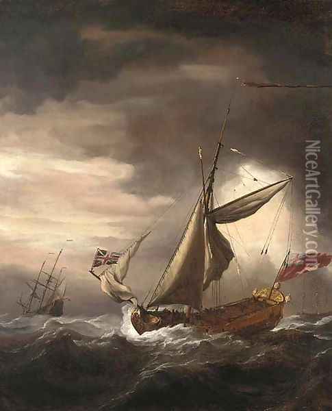An English Royal yacht and other vessels in heavy seas Oil Painting - Willem van de Velde the Younger