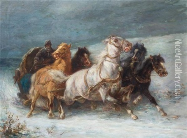 Racing Through The Snow Oil Painting - Adolf Schreyer