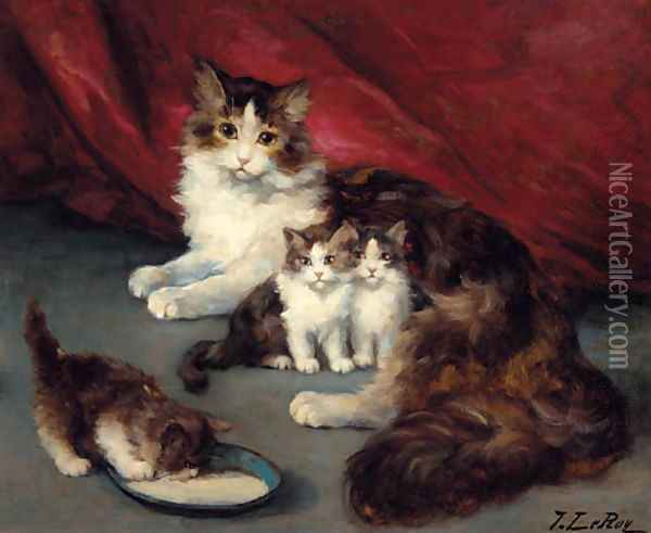 Kittens with their mother Oil Painting - Jules Leroy