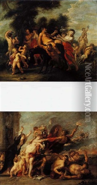 Bacchanale (+ Mars Et Venus; Pair) Oil Painting - Abraham van Diepenbeeck