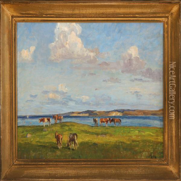 Landscape With Grassinghorses Oil Painting - Alfred Valdemar Larsen