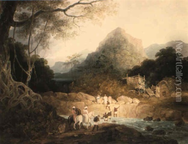 Mounted Horsemen And Bearers Crossing A Stream, India Oil Painting - Charles (Sir) D'Oyly