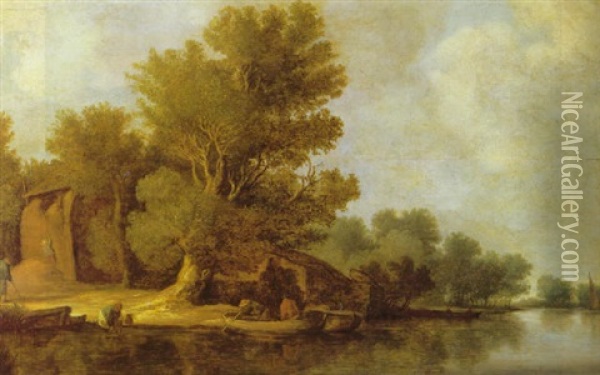 A River Landscape With Peasants On A Bank Beside A Barn, A Sailing Vessel Beyond Oil Painting - Pieter de Neyn