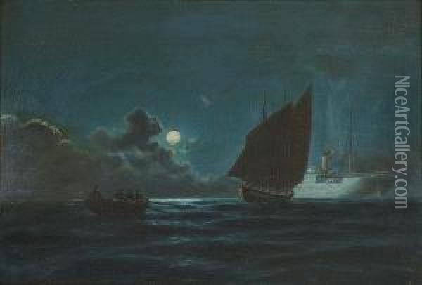 Sailing In The Moonlight Oil Painting - Emilios Prosalentis