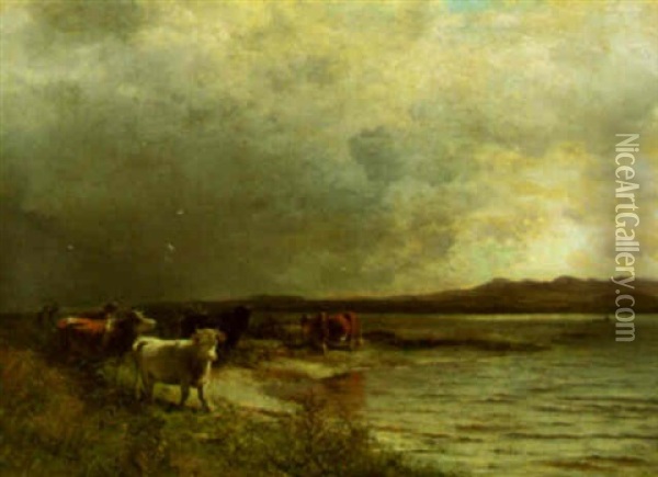 Herding Cattle By The Lake Oil Painting - Arthur Parton