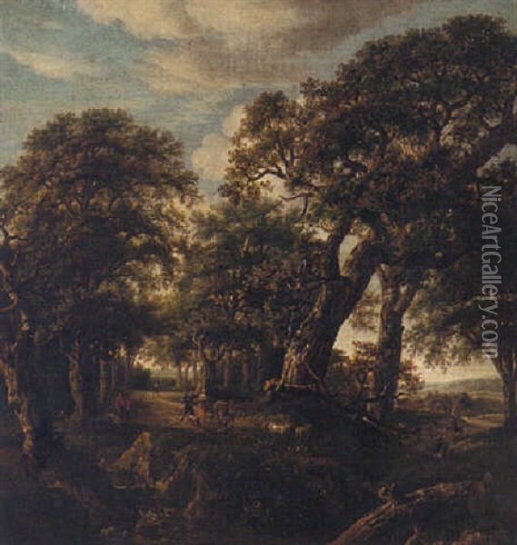 A Wooded Landscape With Peasants, A Donkey And A Herd Wandering Down A Track Oil Painting - Salomon Rombouts