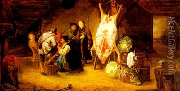Peasants Drinking In A Barn By A Pig's Carcass Oil Painting - Gerrit Lundens