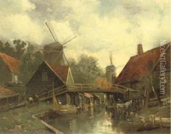 Zaandam: Farmhouses Along The Water Oil Painting - Willem Hendrik Eickelberg