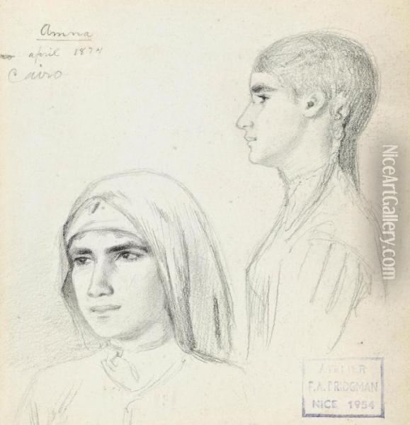 Studies Of Amna, An Egyptian 
Girl Of Cairo (illustrated); And Study Of A Young Egyptian Boy Wearing A
 Turban Oil Painting - Frederick Arthur Bridgman