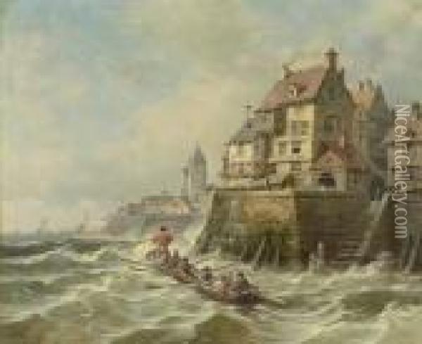 Hafenstadt Mit Fischerboot Oil Painting - Charles Euphrasie Kuwasseg
