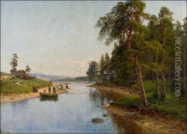 Jokikalastusta Oil Painting - Semyon Sergeievich Platonov