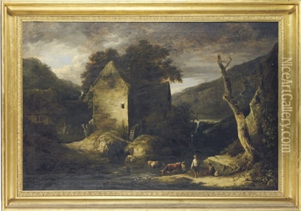 A Pastoral Landscape With A Watermill, Figures And Cattle In The Foreground Oil Painting - Benjamin (of Bath) Barker