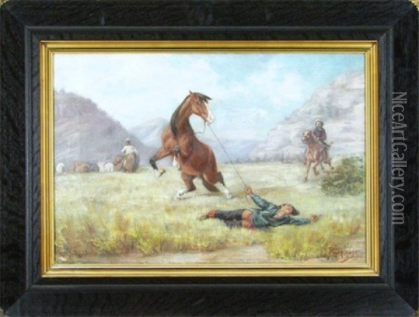 Man Falling From Horse Oil Painting - Julius Rorphuro