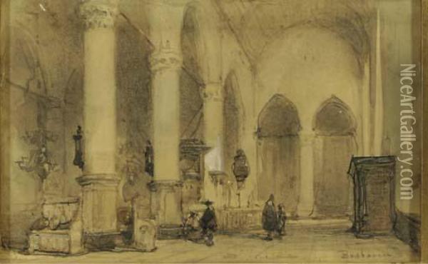 In De Kerk Te Edam: A Church Interior Oil Painting - Johannes Bosboom