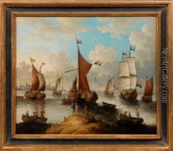 Paar Hollandische Hafenansichten Mit Segelschiffen Und Booten Oil Painting - Abraham Storck