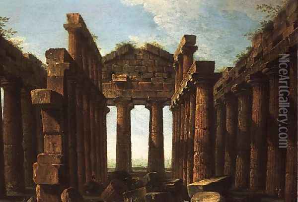 Figures Admiring the Temple of Neptune at Paestum Oil Painting - Antonio Joli
