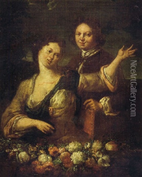 Doble Retrato Con Guirnalda De Flores; Flora Delante Del Pintor (?) Oil Painting - Jan Baptist Lambrechts