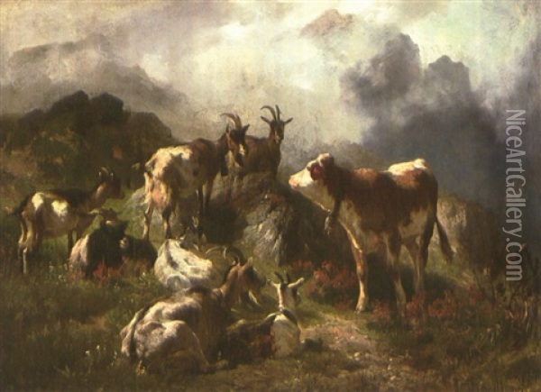 Ziegenherde Und Eine Kuh Auf Der Alm Oil Painting - Anton Braith