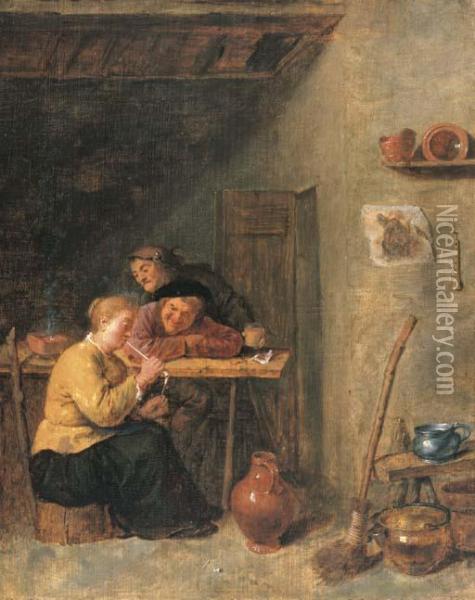 Peasants And A Serving Maid In A Tavern Oil Painting - David The Younger Teniers
