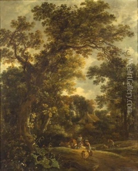 Woodland Clearing With Herders, Livestock And Cottage Oil Painting - Meindert Hobbema